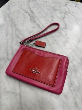Coach Red and Pink Color Block Leather Wristlet